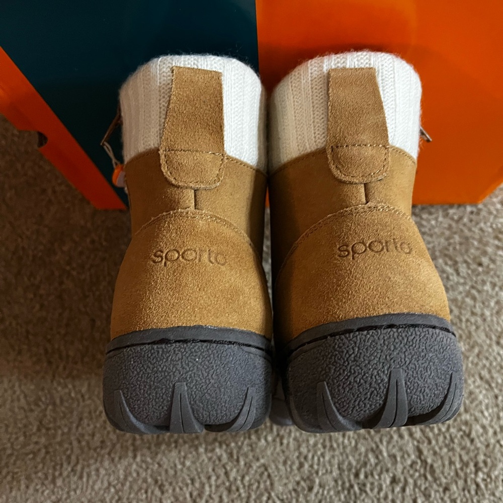 Sporto/BOHO NWT Suede Ankle Boots Camel color and Cream Knit Cuffs size 6.5 - Picture 5 of 10